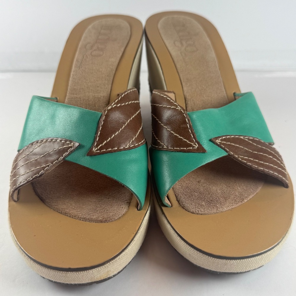 Indigo by Clarks Womens Teal Brown Leather Leaf Wedge Sandals Size 8.5M 80354 - Picture 2 of 10